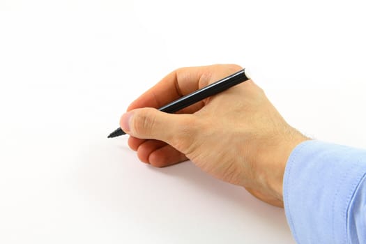 Businessman holding black pen in his hands for signature or draw something on white background