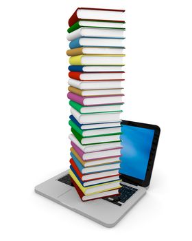 Tall pile of colourful books on the top of a laptop