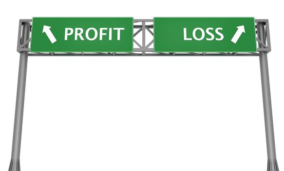 Highway signs profit and loss pointing in the opposite directions