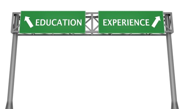 Highway signs showing Education to the left and Experience to the right, lifestyle dilemma