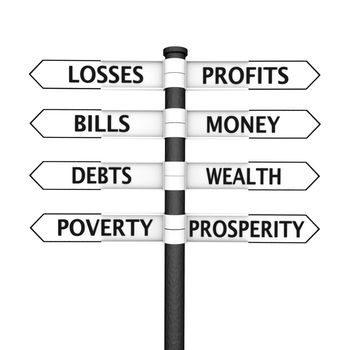 Crossroads sign with Wealth related content pointing in one direction and Poverty related in the opposite direction