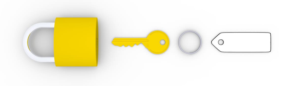 Golden key with blank tag and golden padlock