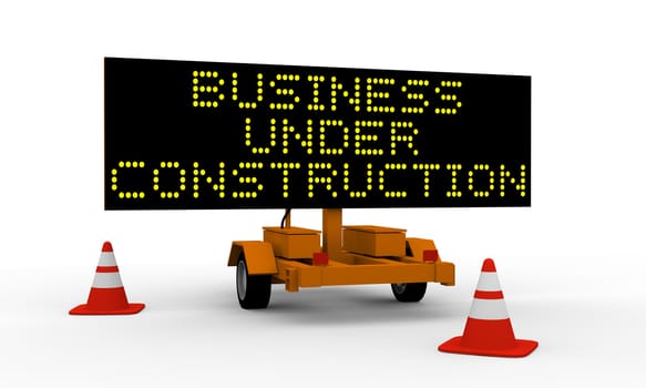 Signboard on the top of a roadworks cart saying Business under construction