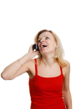 smiling woman talking on the phone isolated on white background