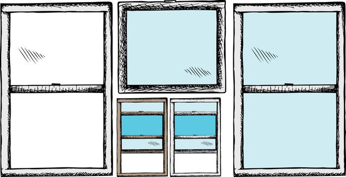 Hand drawn windows for opening and closing over white background