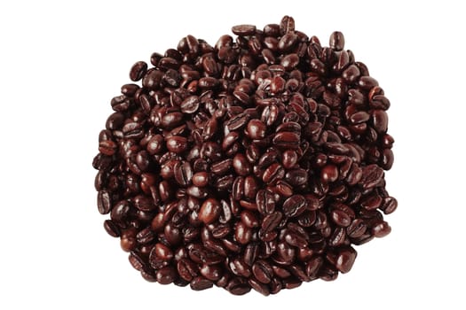 A round pile of coffee beans isolated on white with clipping path