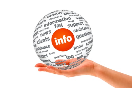 Hand holding a Info 3D Sphere sign on white background.