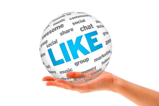 Hand holding a Like 3D Sphere sign on white background.