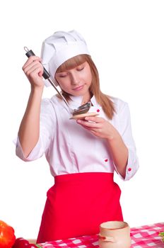 beautiful woman tries to cooked food, making meal