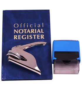 An official notarial register, embosser, and stamp isolated on white with clipping path