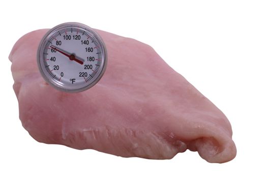 A meat thermometer measures the temperature of a raw chicken breast