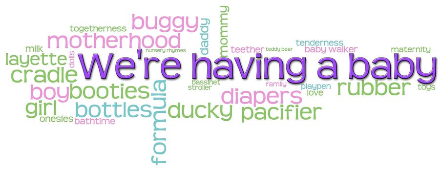 Word cloud announcing "We're having a baby" 
