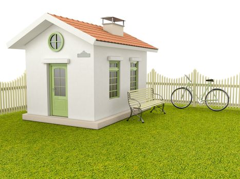 House on the green lawn, fence, bench and a bicycle