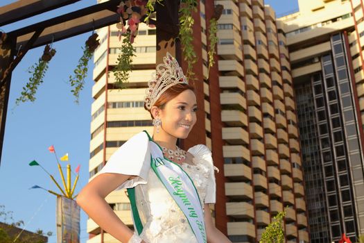 MANILA, PHILIPPINES - APR. 14: pageant contestant in her cultural dress pauses during Aliwan Fiesta, which is the biggest annual national festival competition on April 14, 2012 in Manila Philippines.
