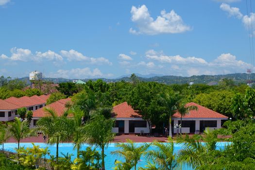 top view landscape of suburb clubhouse with swimming pool.