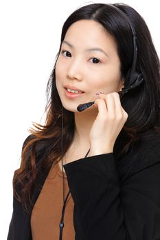 asian woman wearing headset