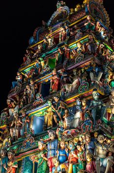 Detail of the Hindu Sri Mariamman Temple in Singapore at night