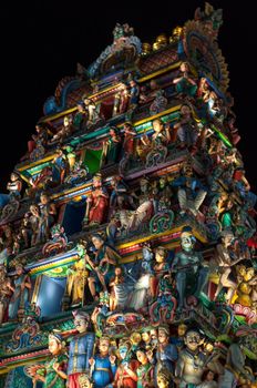 Detail of the Hindu Sri Mariamman Temple in Singapore at night