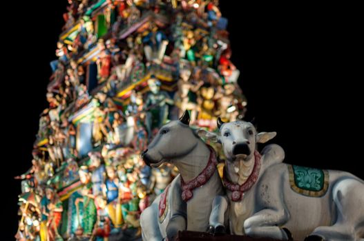 Detail of the Hindu Sri Mariamman Temple in Singapore at night