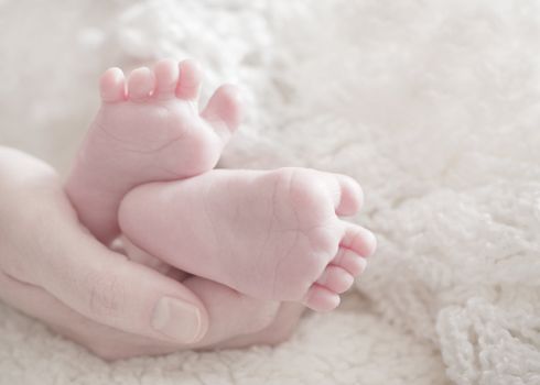 Mom holds her baby's feet in her hand 