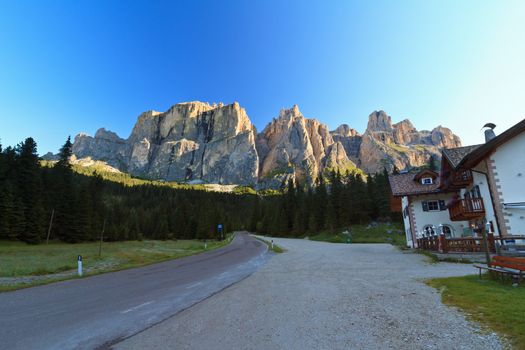 summer view of Sella group at morning, Italian Dolomites