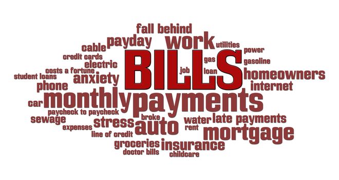 Bills word cloud over a money pile background