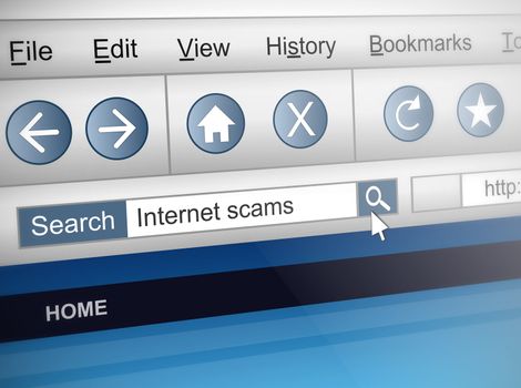 Illustration depicting a computer screen shot with an internet scam search concept.