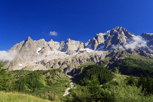 summer view of Grandes Jorasses from Ferret Valley, Courmayeur, Italy