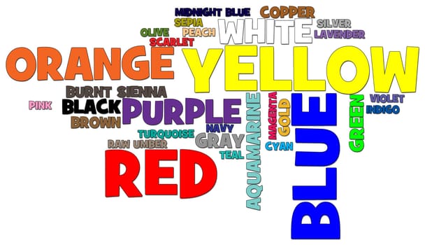 Word cloud of common color names in their color