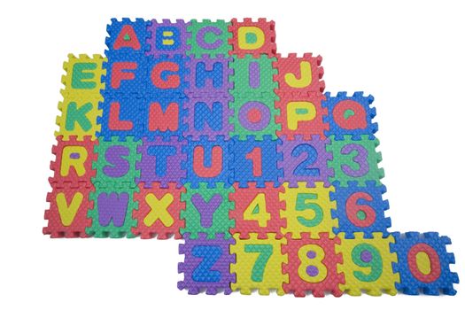 Foam letters and numbers isolated on white background