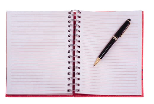 An open notebook showing two blank pages with a pen on one page isolated on white