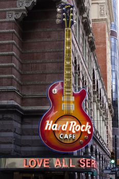 PHILADELPHIA - SEPTEMBER 19, 2011 - Hard Rock Cafe guitar signage at their Philadelphia, PA location. The Hard Rock Cafe has been collecting guitars since Eric Clapton donated his in 1979