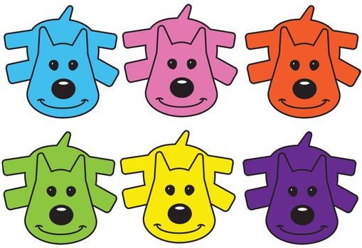 Illustration of six cute different colored puppies isolated on a white background
