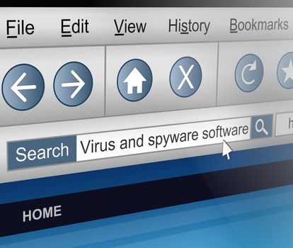 Illustration depicting a computer screen shot with an antivirus software search theme.