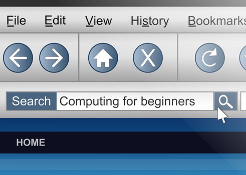 Illustration depicting a computer screen shot with a computers for beginners search concept.