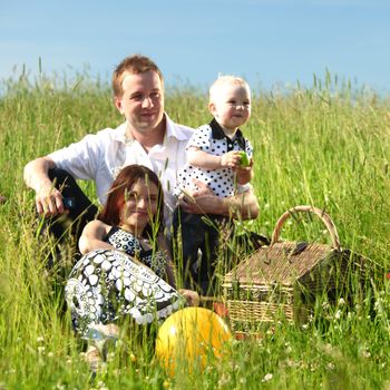  picnic of happy family on green grass