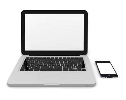 Laptop and smartphone on white background next to each other with blank screens