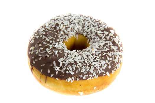 Close up picture of a chocolate donut on a white background