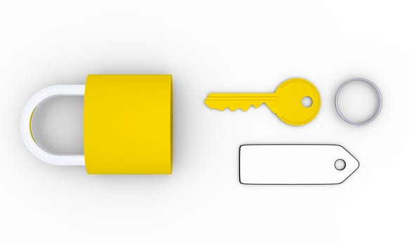 Golden key with blank tag and golden padlock