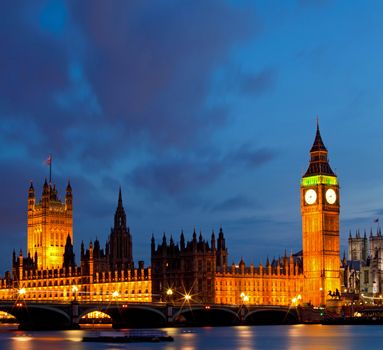 Panorama of Big Ben and House of Parliament at River Thames International Landmark of London England United Kingdom at Dusk