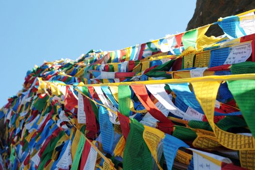 View of colorful prayer flags in Tibet