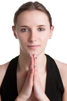 Woman doing yoga isolated on a white background