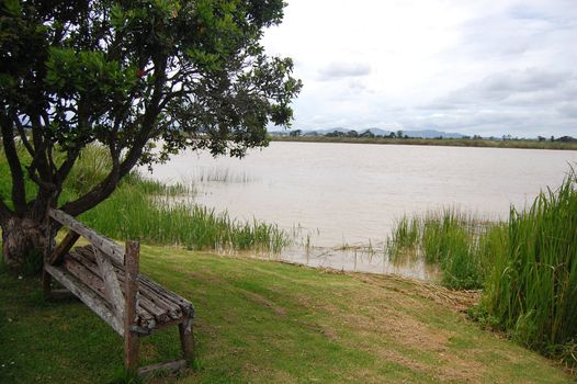 Old vintage bench at riverside, Dargaville, New Zealand