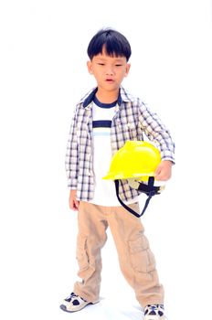 Asian Baby boy in yellow helmet holding hammer - isolated on white background