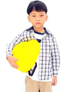 Asian Baby boy in yellow helmet holding hammer - isolated on white background