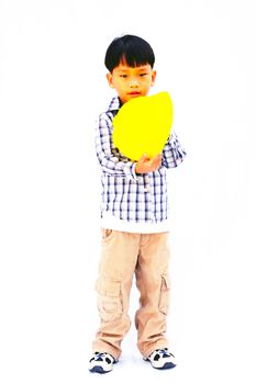 Asian Baby boy in yellow helmet holding hammer - isolated on white background