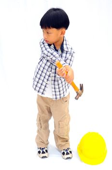 Asian Little boy with tools - isolated on white background