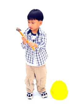 Asian Little boy with tools - isolated on white background