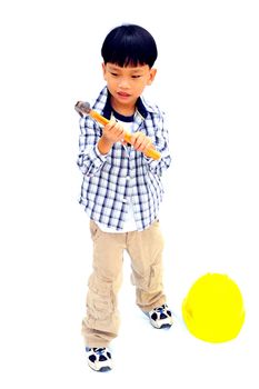 Asian Little boy with tools - isolated on white background