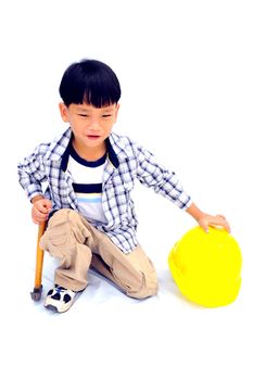 Asian Little boy with tools - isolated on white background